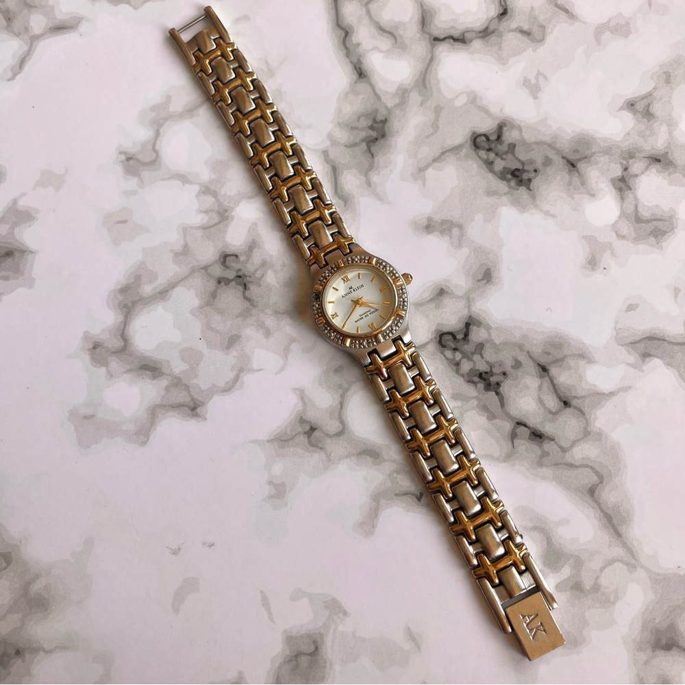 Anne Klein Diamond Two Tone Silver Gold Metal Link Diamond Studded Halo Watch